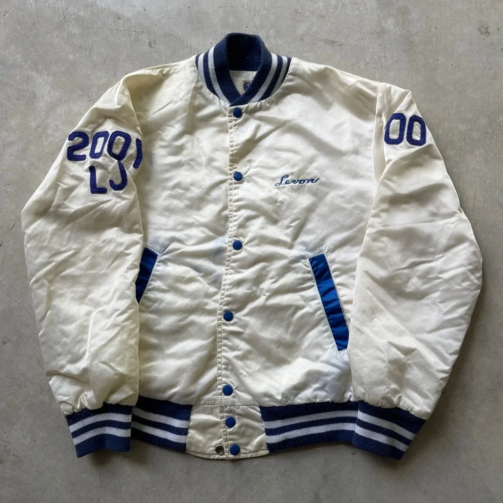 Vintage Hewitt Mfg Palisades Park Track Field Satin Varsity Jacket Cream Blue 86
